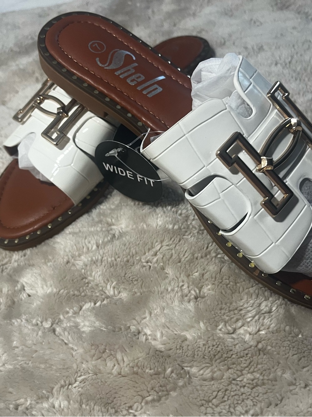 SHEIN White Croc-Effect Wide-Fit Slide Sandals with Gold Hardware
